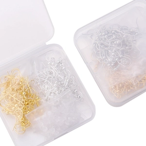 DIY jewelry kit with gold and silver earring hooks and silicone backs in clear storage box