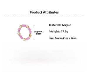 Detailed size chart for pink and gold acrylic beaded bracelet measuring 21cm by 1.2cm