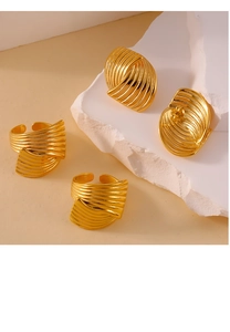 Detailed view of 18K gold plated striped texture earrings and open ring jewelry set