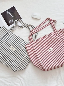 French style striped canvas tote bag in navy blue and rust red colors for women