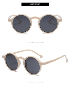 Front and side views of beige retro round sunglasses with dark lenses for men and women