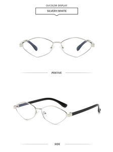 Detail view of silver geometric diamond metal frame sunglasses with black temple tips