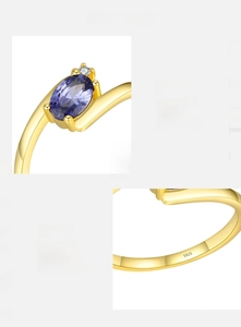 Macro view of gold plated S925 sterling silver ring with purple oval zircon and S925 hallmark