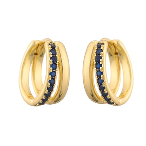 Double hoop gold earrings for women with inlaid round cut sparkling blue rhinestones