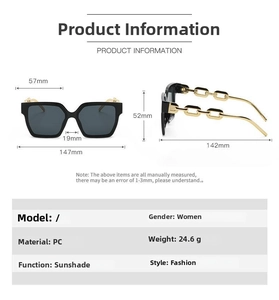 Detailed size chart for square frame sunglasses with precise lens and frame measurements