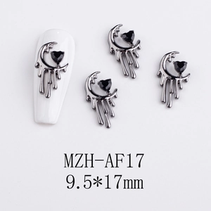 Gothic style alloy crescent moon nail charms with black heart zircon and liquid metal drops