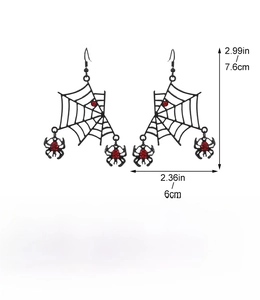 Detailed view of black spider earrings with red rhinestones and 7.6cm x 6cm dimensions