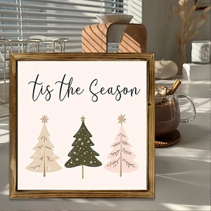 Detail of wooden Christmas picture frame with Tis the Season text and three festive trees