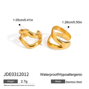 Detailed view of gold stainless steel hoop earrings with size measurements and specs