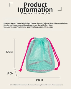 Detail view of 22x19cm mint green honeycomb mesh beach bag with pink drawstring