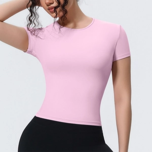 T-shirt de yoga rose ajusté à manches courtes en tissu respirant à séchage rapide