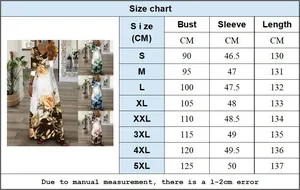Detailed size chart for V-neck floral dress with bust and length measurements in cm