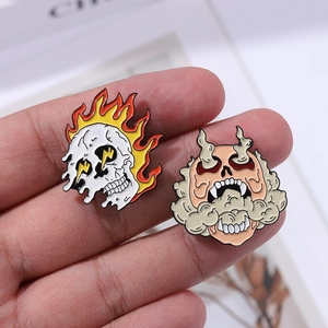 Punk gothic skull enamel pins with fire and smoke elements for hats and bags accessory