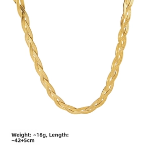Detail view of woven gold snake chain necklace showing weight and length specs
