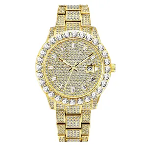 Luxury Iced Out Men Quartz Watch Full Rhinestone Hip Hop Fashion Wristwatch With Calendar Date Display