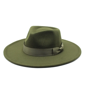 Classic dark green wool fedora hat with wide brim and elegant silk ribbon decoration