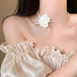 Elegant pearl flower choker necklace with white satin rose for women summer accessories