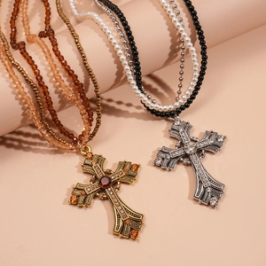 Retro multi-layer beaded necklace with rhinestone cross pendant in gold and silver finish