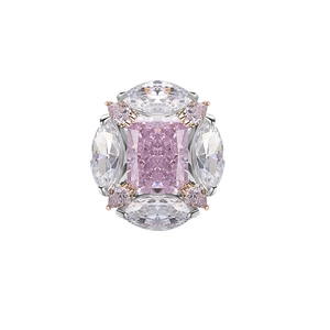 Detailed macro view of an S925 silver ring featuring a large pink rectangular cut gemstone