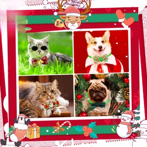 Close-up of four plaid Christmas pet bow ties with festive holiday-themed patterns