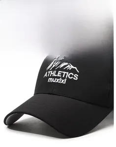 Detail of athletics embroidery and reinforced brim on this black breathable mesh cap