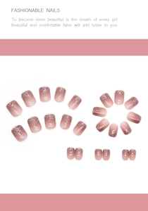 Short square ombre pink false nails set with silver glitter tips, 24 piece nail kit