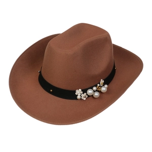 Brown wool felt western cowboy hat with black pearl and flower ribbon on white background