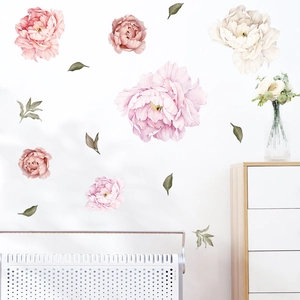 Pink watercolor peony flower wall stickers for girl bedroom decor on white wall