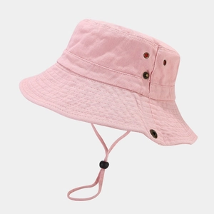 Sombrero de pescador vintage de algodón rosa con ala ancha y cordón ajustable cortavientos