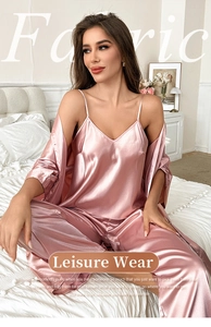 Elegant 3-piece pink satin pajama set featuring a camisole, trousers, and robe for women