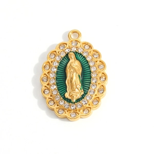 18K gold plated Virgin Mary cross pendant with green enamel and sparkling rhinestones