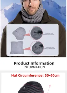 Detail of grey winter knit beanie with thick fleece lining and neck gaiter set