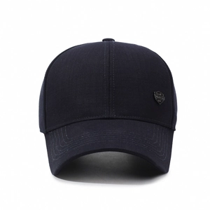 Navy blue structured baseball cap with metal plaque and curved brim for men