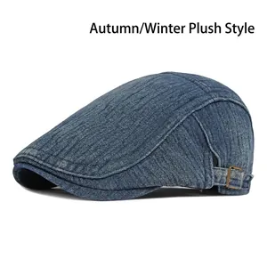 Berretto Piatto In Denim Lavato Foderato In Pile Caldo Cappello Invernale Vintage Britannico Ivy Berretto Regolabile Per Uomini Donne