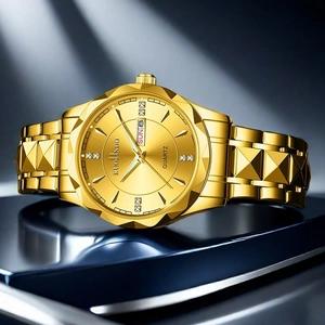 Detailed macro view of the gold watch dial with day-date display and sparkling crystals