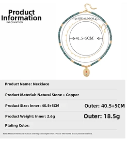 Detailed size specifications for double-layer turquoise bead and gold chain necklace