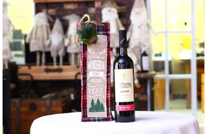 Detail of Christmas wine gift bag featuring pine cones and festive typography