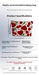 Detail specifications of cherry heart makeup bag showing linen fabric and size dimensions