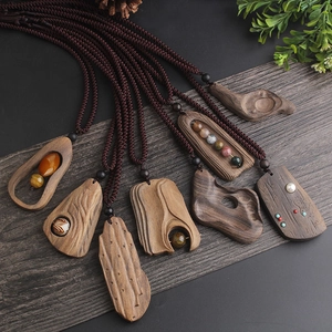 Ethnic Vintage Long Sweater Necklace Handmade Sandalwood Wood Pendant Adjustable Braided Rope Bohemian Jewelry