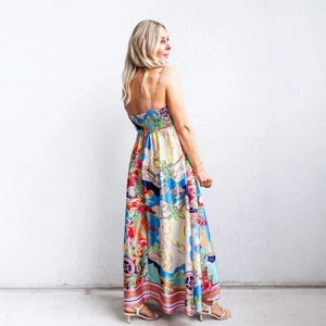 Summer high waist printed maxi dress with tropical floral pattern and elegant open back design