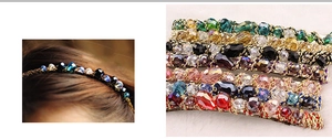 Detailed macro view of colorful crystal beads and gold wire woven on a stylish headband