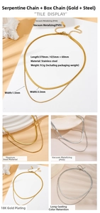 Close-up of PVD 18K gold plated stainless steel snake chain and box necklace set