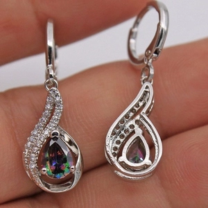 Rainbow topaz teardrop earrings with silver finish and sparkling zircon accents