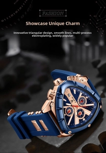 Detailed view of luxury men's triangle watch with blue silicone strap and rose gold case