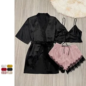 Three-piece silk satin pajama set for women including black robe, camisole and pink shorts