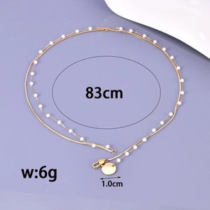 Collier double rang en acier inoxydable doré 18K avec perles blanches et pendentif rond
