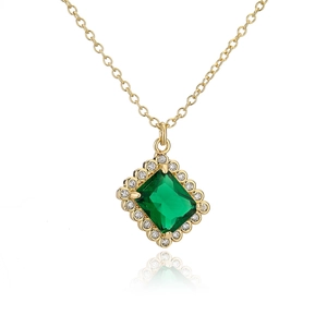 Elegant 18K gold-plated necklace featuring square emerald zircon pendant on white background