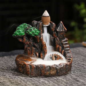 Mountain landscape backflow incense burner with misty resin waterfall effect