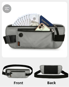 Detail view of light grey sports waist bag with RFID protection and breathable mesh back