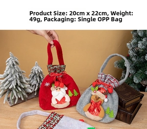 Detail of Christmas felt gift bags featuring Santa and Reindeer designs with drawstrings